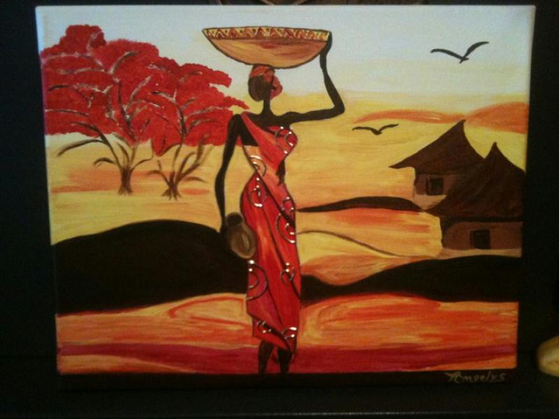 Tableau africain - La femme en rouge et son village au ...