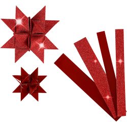 Bandes de papier étoiles, L : 44+78 cm, L : 15+25 mm, d 6,5+11,5 cm, paillettes,vernis, rouge, 40 bandes/ 1 Pq.