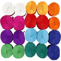 Rouleaux de Papier Crépon, L : 20 M, L : 5 cm, 22 gr, ass. de couleurs, 20 rouleau/ 1 Pq.
