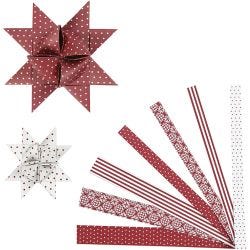 Bandes de papier étoiles, L : 44+78 cm, L : 15+25 mm, d 6,5+11,5 cm, rouge, blanc, 60 bandes/ 1 Pq.