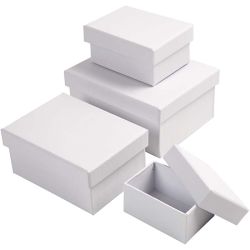 Boîtes Rectangulaires, H : 3,5+4,5+5,5+6,5 cm, dim. 8,5x11,5+11x14 cm, blanc, 4 pièces/ 1 set