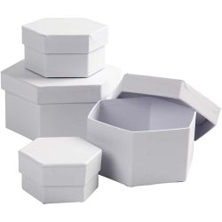 Boîtes Hexagonales, H : 4+5+6+7 cm, d 6,5+8+10+12 cm, blanc, 4 pièces/ 1 set