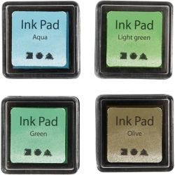 Tampon encreur , H : 2 cm, dim. 3,5x3,5 cm, vert, vert clair, olive, aqua, 4 pièces/ 1 Pq.