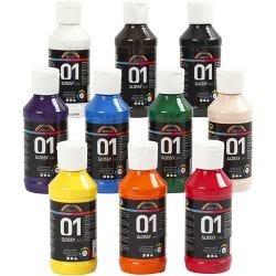 Peinture Acrylique Brillante, ass. de couleurs, 10x100 ml/ 1 Pq.