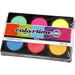 Pastilles aquarelles, H : 16 mm, d 44 mm, couleurs n&eacute;ons, 1 Pq.