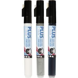 Feutres Plus Color, L : 14,5 cm, trait 1-2 mm, noir, blanc cassé, rain grey, 5,5 ml, 3 pièces/ 1 Pq.