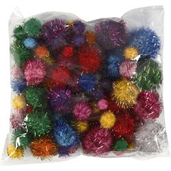 Pompons scintillants, d 15-40 mm, paillettes, Couleurs vives, 150 pi&egrave;ces/ 1 Pq.