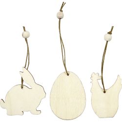 Décorations en bois, lapin, fleur, poulet, dim. 6 cm, ép. 3 mm, 9 pièces/ 1 Pq.