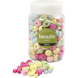 Perles en bois, d 10-15 mm, diamètre intérieur 3-5 mm, bleu clair, vert clair, rose clair, jaune clair, 400 ml/ 1 seau