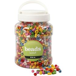 Perles en bois, d 5-8 mm, diamètre intérieur 1,5 mm, ass. de couleurs, 175 gr, 400 ml/ 1 seau