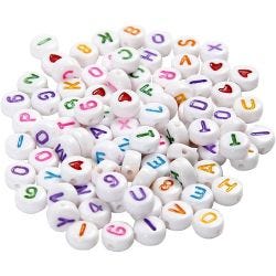 Perles lettres, dim. 7 mm, diamètre intérieur 1,2 mm, blanc, 25 gr/ 1 Pq.