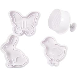 Emporte-Pièces avec Tampon, oeuf de Pâques, poussin, papillon, H : 5 cm, blanc, 4 pièces/ 1 Pq.