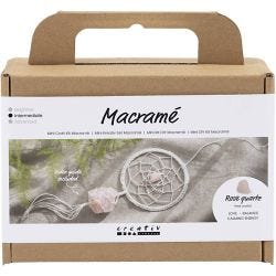 Mini Kit DIY Macramé, Attrape-rêves avec cristal de quartz rose, rose clair, blanc, 1 Pq.