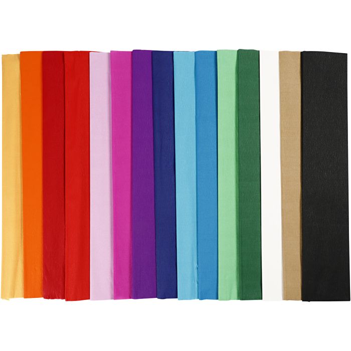 Papier Crépon, L : 2,5 m, L : 50 cm, 22 gr, ass. de couleurs, 4x15 pli/ 1 Pq.