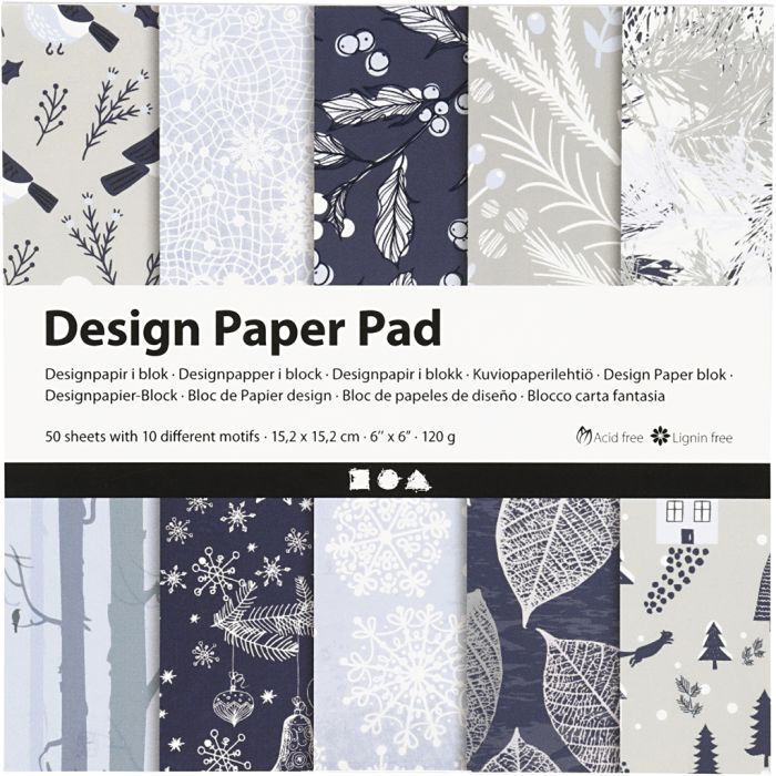 Bloc de papier design, feuille 15,2x15,2 cm, Noël, 120 gr, bleu, gris, 50 flles/ 1 Pq.