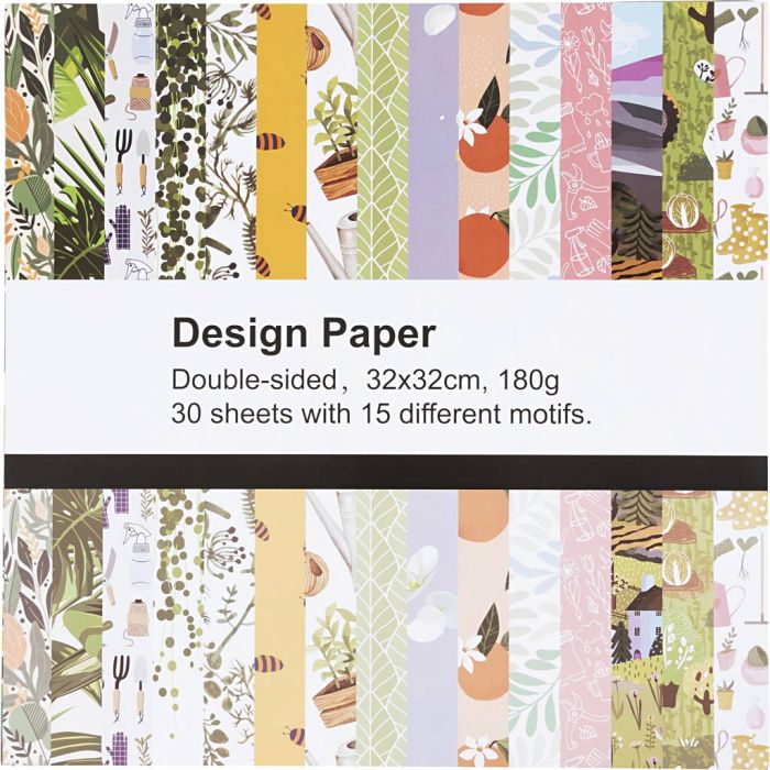 Papier design, recto verso, imprimé, 15 motifs, feuille 32x32 cm, 180 gr, 30 flles/ 1 Pq.