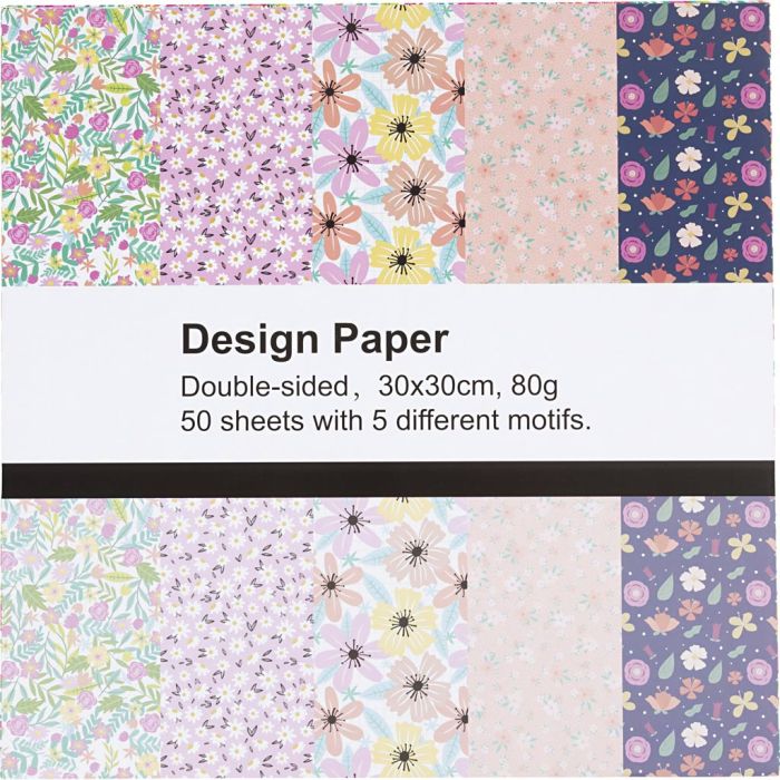 Papier design, feuille 30x30 cm, fleurs, 80 gr, 50 flles/ 1 Pq.