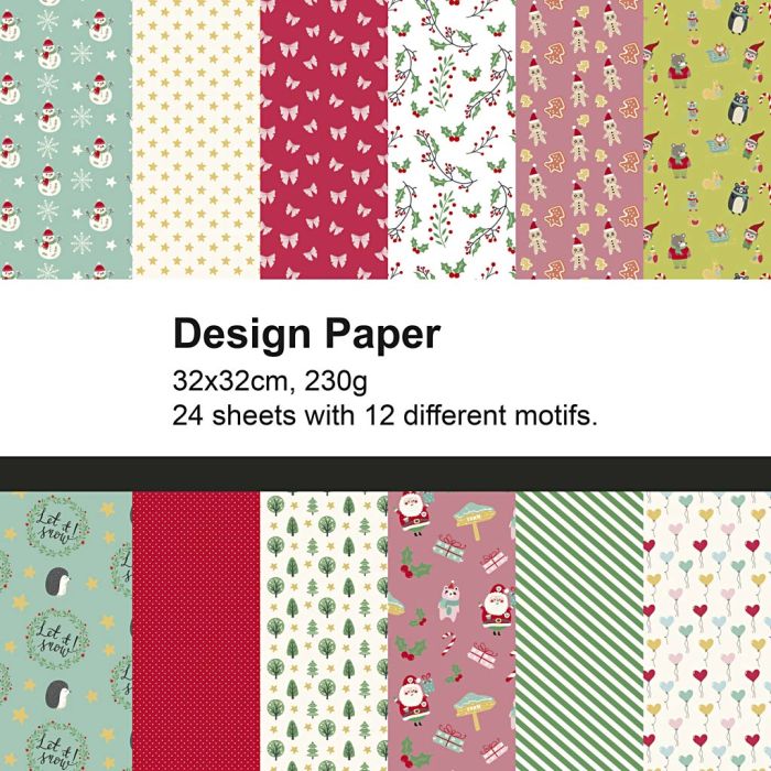 Papier design, Motif de Noël 1, feuille 32x32 cm, 230 gr, 24 flles/ 1 Pq.