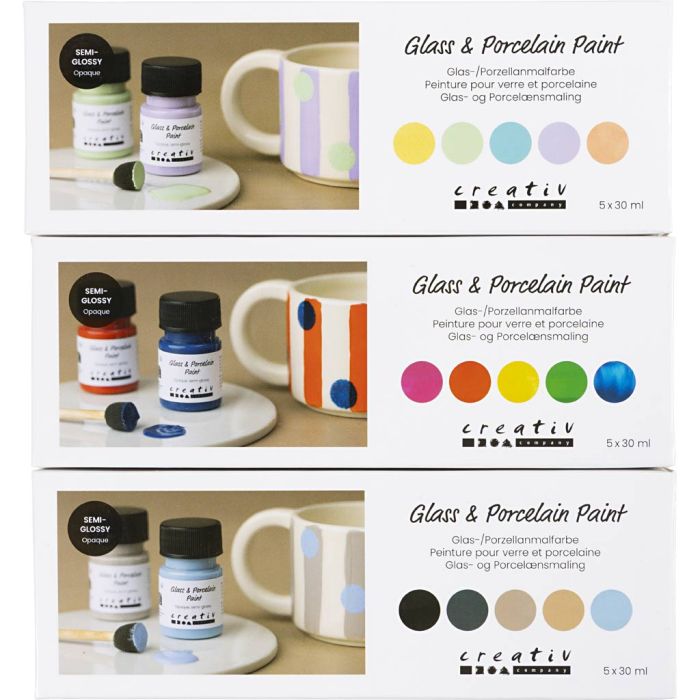 Peinture pour verre et porcelaine, semi-brillant, opaque, multicolore, couleurs pastel, Couleurs naturelles, 15x30 ml/ 1 Pq.