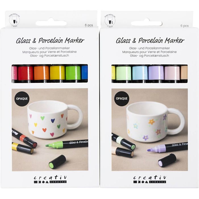 Feutres pour verre et porcelaine, trait 1-4 mm, opaque, multicolore, couleurs pastel, 2x6 pièces/ 1 Pq.