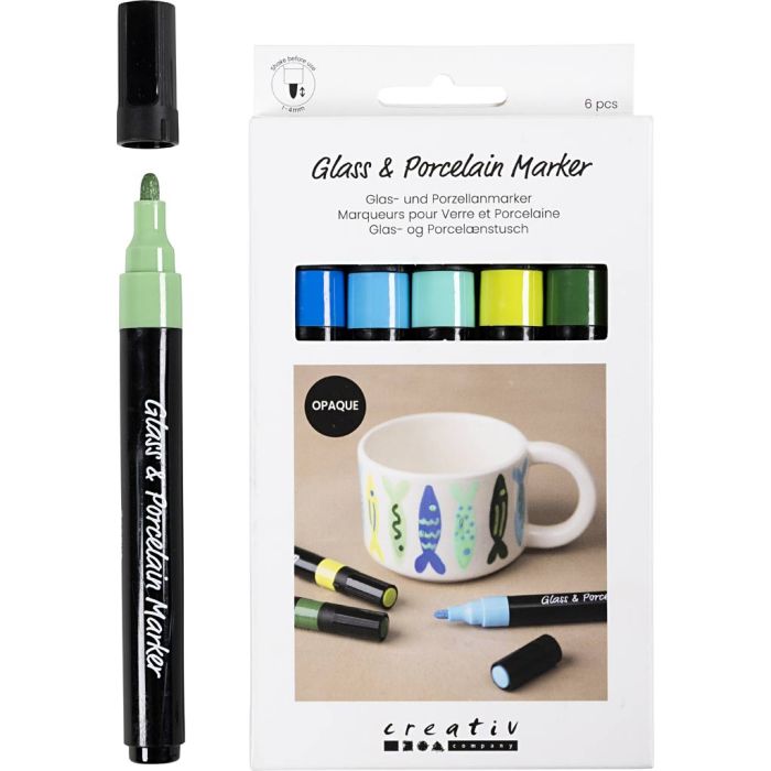 Feutres pour verre et porcelaine, trait 1-4 mm, opaque, harmonie bleu/vert, 6 pièces/ 1 Pq.