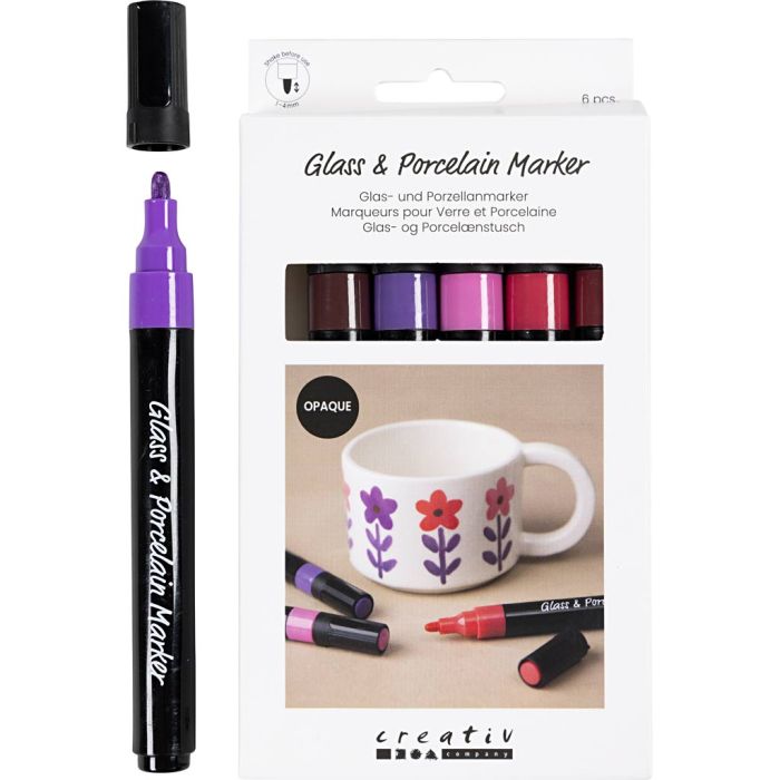 Feutres pour verre et porcelaine, trait 1-4 mm, opaque, harmonie violet/rose, 6 pièces/ 1 Pq.