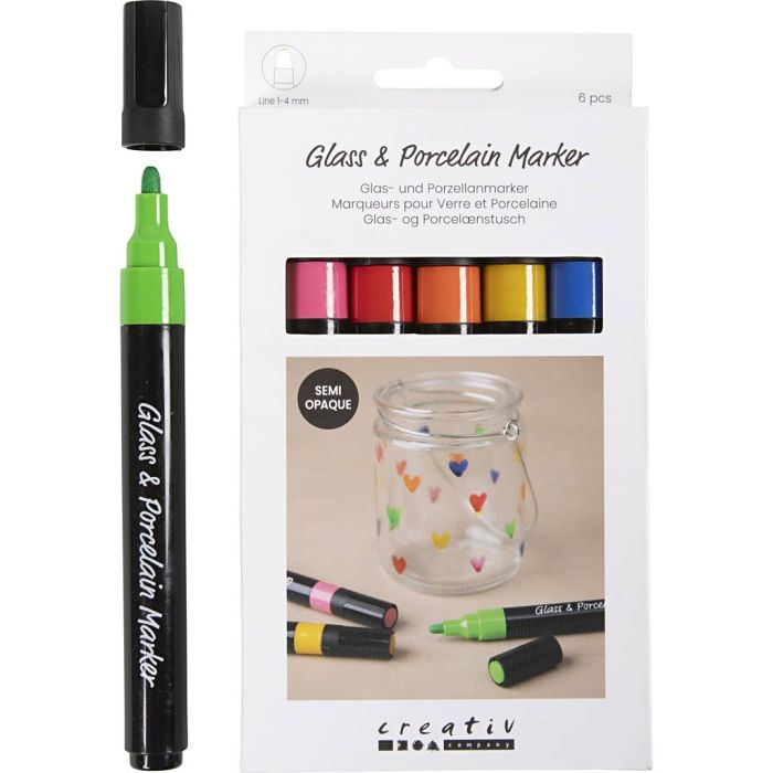 Feutres pour verre et porcelaine, trait 1-4 mm, semi opaque, multicolore, 6 pièces/ 1 Pq.