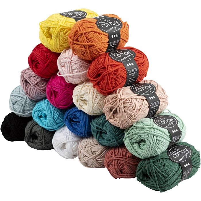 Pelote de fil de coton, dim. 8/8, L : 80-85 m, aiguille 4-4,5, ass. de couleurs, 20x50 gr/ 1 Pq.