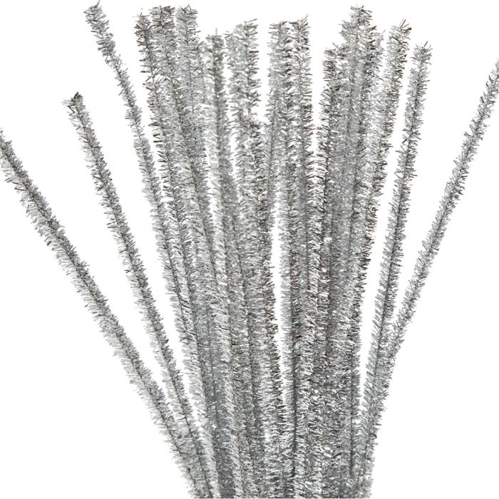 Fil chenille, L : 30 cm, ép. 6 mm, paillettes, argent, 24 pièces/ 1 Pq.