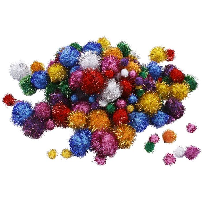 Pompons scintillants, d 15-40 mm, paillettes, ca. 90 pièce, Couleurs vives, 62 gr/ 1 Pq.