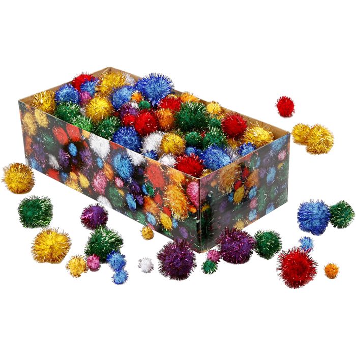 Pompons scintillants, d 15-40 mm, paillettes, ca. 400 pièce, Couleurs vives, 300 gr/ 1 Pq.