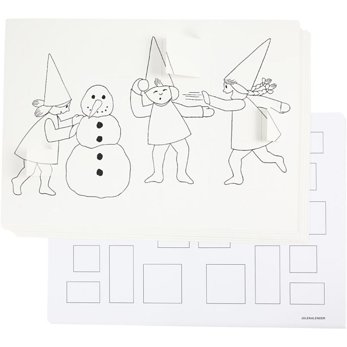 Calendrier de l’Avent avec des lutins en combat de boules de neige, A3, dim. 30x42 cm, blanc, 30 pièces/ 1 Pq.