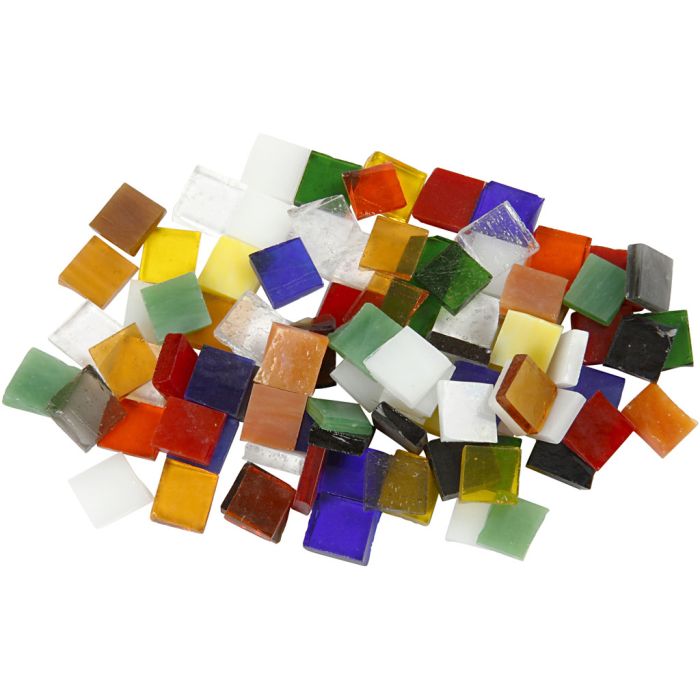 Mosaïques en verre, dim. 10x10 mm, ép. 3 mm, ca. 700 pièce, transparent, 454 gr/ 1 Pq.