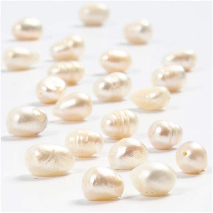 Perles d’eau douce, d 4-7 mm, diamètre intérieur 1 mm, nacré, 40 cm/ 1 Pq.