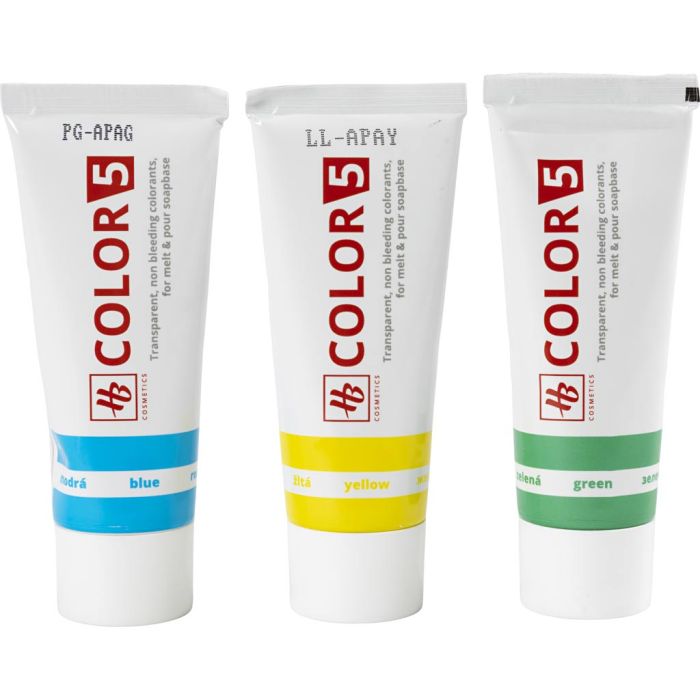 Colorant pour savon, bleu, vert, jaune, 3x25 ml, 3x30 gr/ 1 Pq.