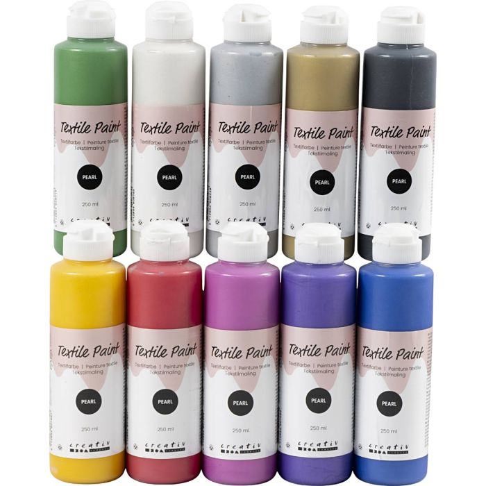 Peinture Textile, nacré, opaque, ass. de couleurs, 10x250 ml/ 1 Pq.