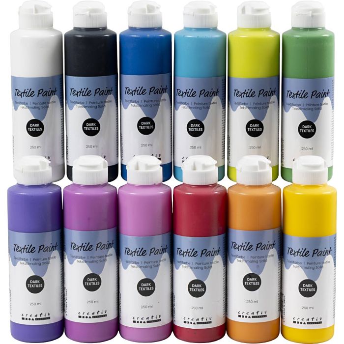 Peinture Textile, opaque, ass. de couleurs, 12x250 ml/ 1 Pq.