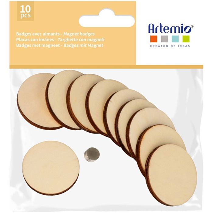 Badges en bois aimantés, dim. 4.5 cm, 10 pièces/ 1 Pq.