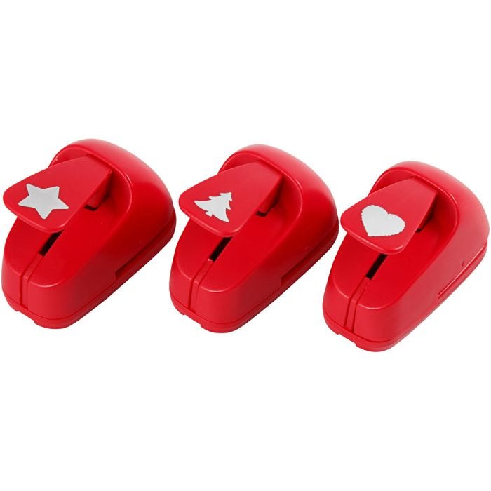 Set de perforatrices, ëtoile, coeur, sapin de Noël, dim. 16 mm, rouge, 1 set