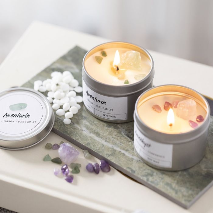 Bougies en cire de soja avec des cristaux