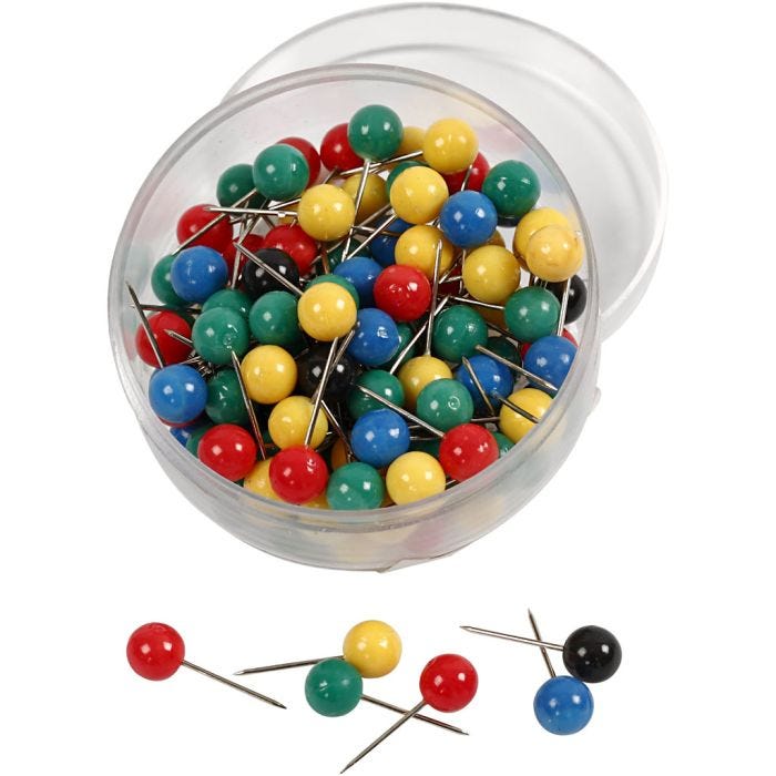 Epingles pour cartes, L : 17 mm, d 6 mm, ass. de couleurs, 100 ass./ 1 Pq.