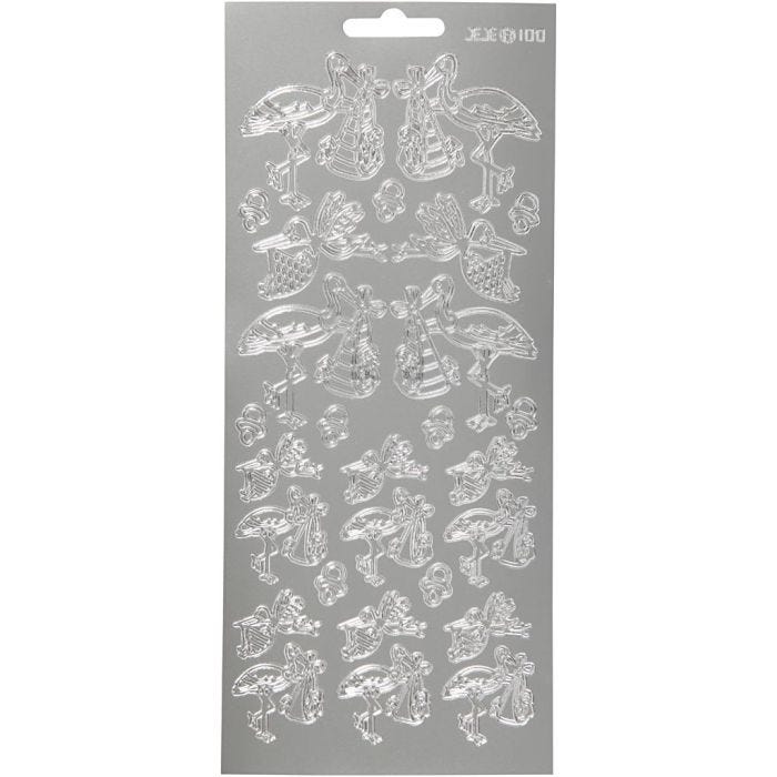 Autocollants, cigogne avec bébé, feuille 10x23 cm, argent, 1 flles