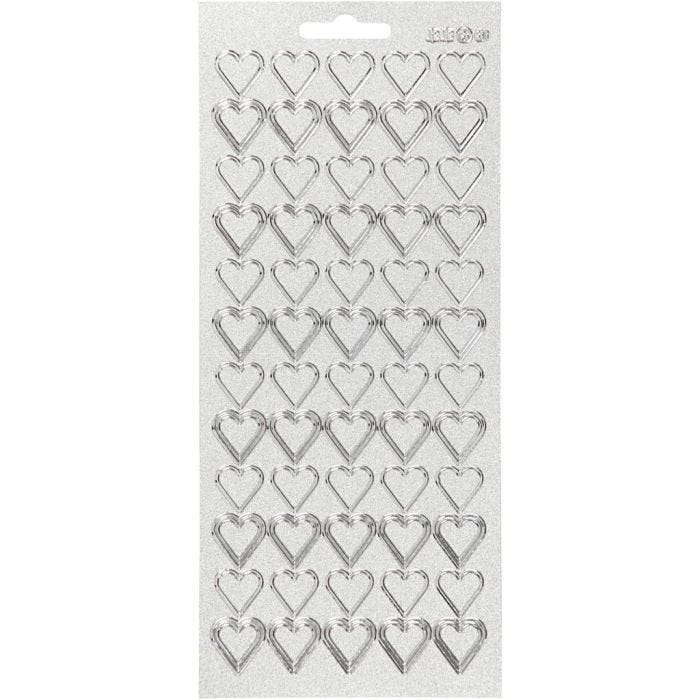 Autocollants, coeurs, feuille 10x23 cm, argent, 1 flles