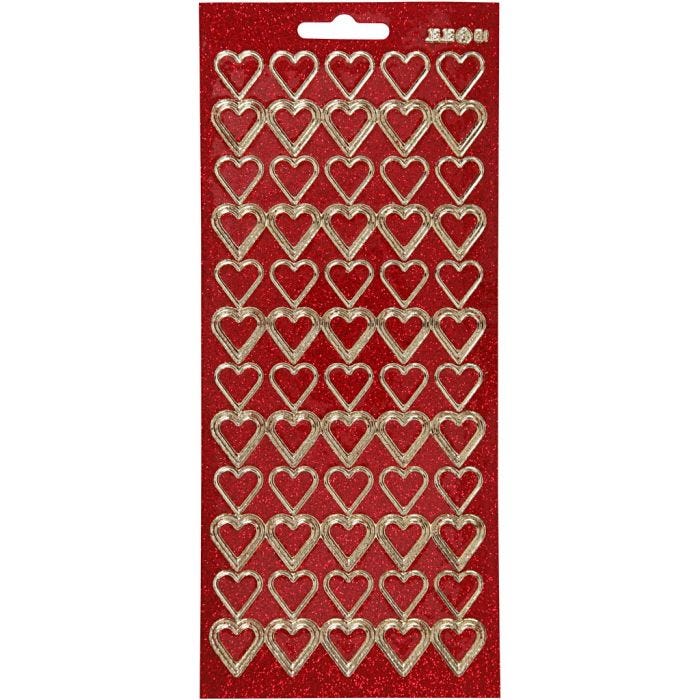 Autocollants, coeurs, feuille 10x23 cm, or, glitter rouge, 1 flles