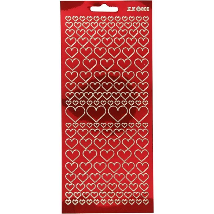 Autocollants, coeurs, feuille 10x23 cm, rouge transparent, 1 flles