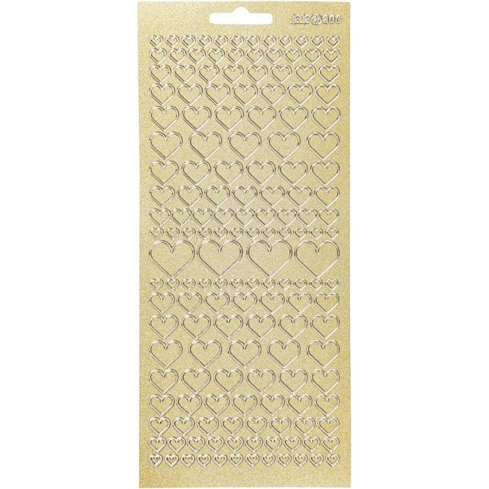 Autocollants, coeurs, feuille 10x23 cm, or, 1 flles