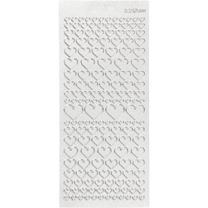 Autocollants, coeurs, feuille 10x23 cm, argent, 1 flles