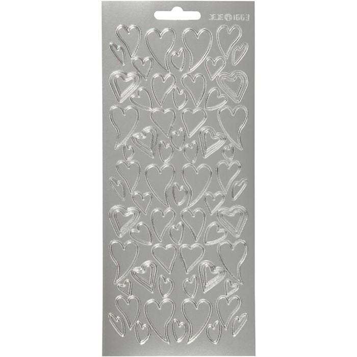 Autocollants, coeurs, feuille 10x23 cm, argent, 1 flles