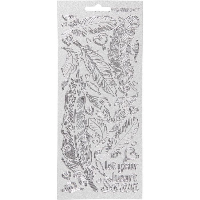 Autocollants, plumes, feuille 10x23 cm, argent, 1 flles