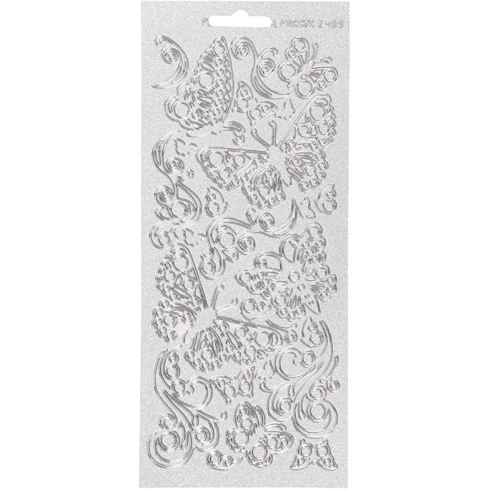 Autocollants, papillons, feuille 10x23 cm, argent, 1 flles
